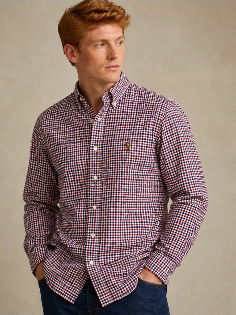 Ralph Lauren Polo Button Down Shirt-Mens L-Red/Blue Plaid-100% Cotton-Small Pony